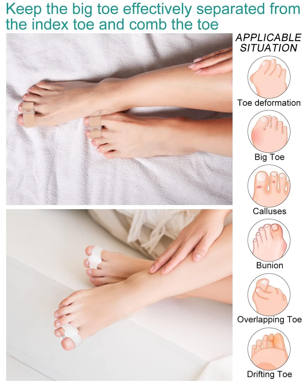 4Pcs Toe Separators Bunion Corrector for Women Men, Gel Big Toe Spacers with 2 Loops for Feet, Hammer Toe Straightener, Elasticity and Soft (2Nylon+2Gel)