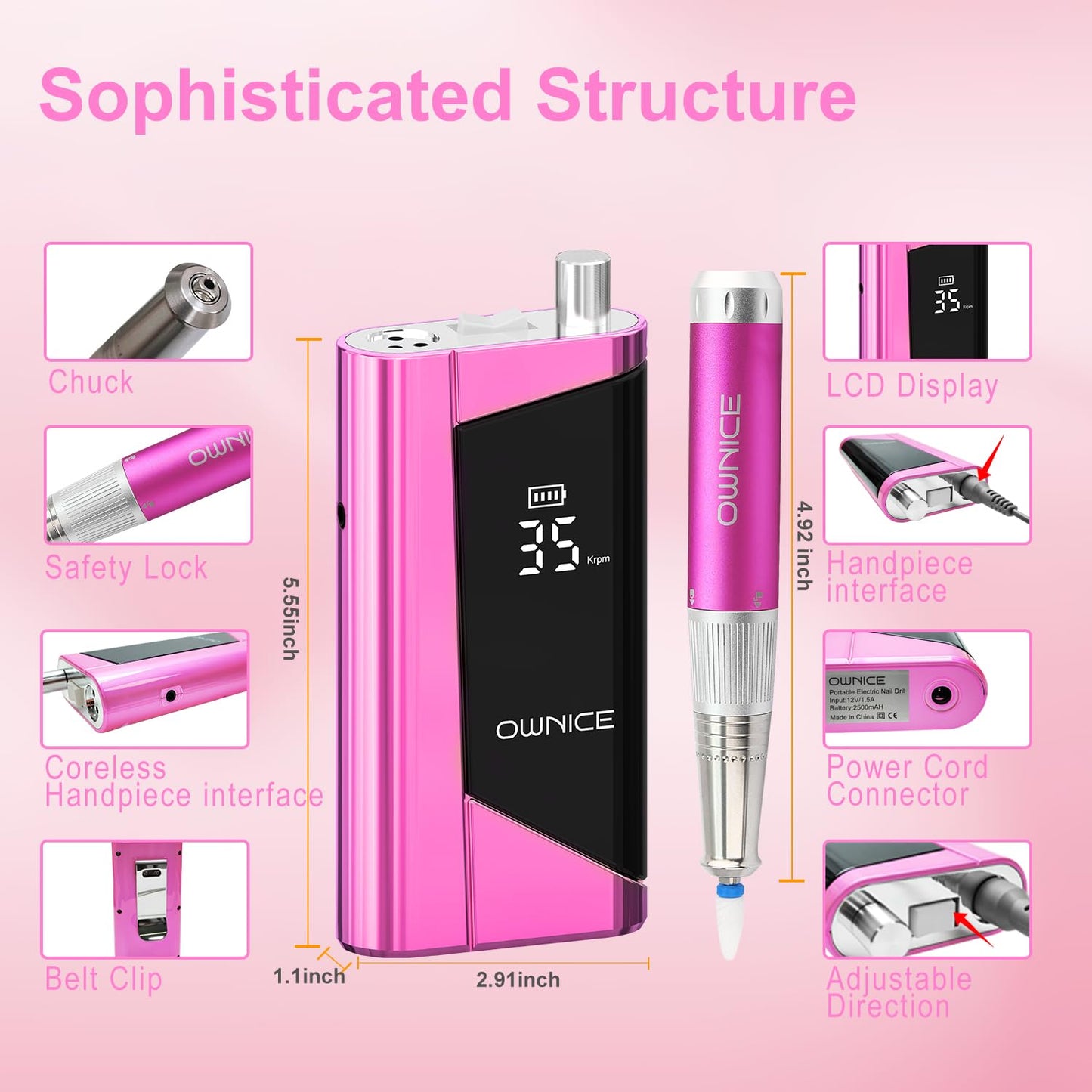 Electric Professional Nail Drill 35000RPM Cordless Portable Nail E-File Buffer Tools with Bits Perfect for Salon Manicure Pedicure Acrylic, Gel, Natural Nails(Rose Pink)