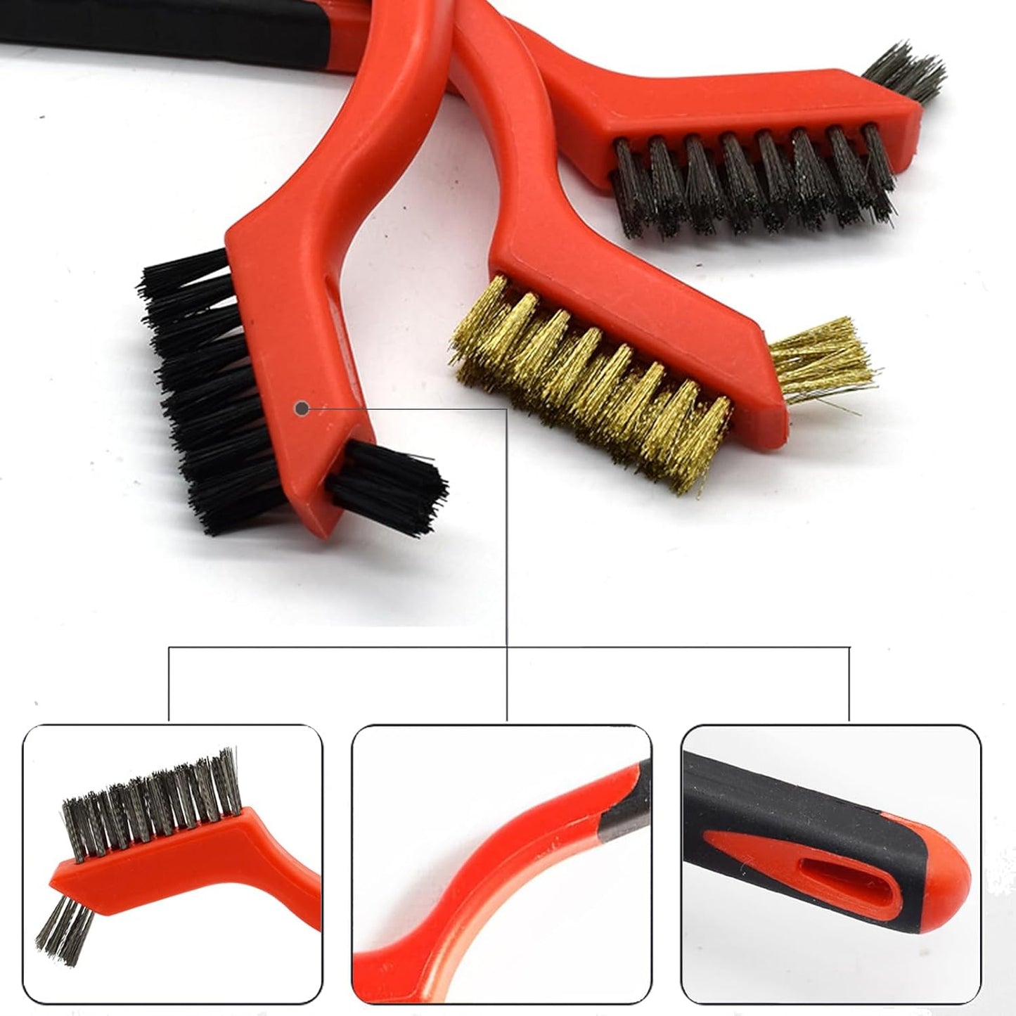 Wire Brush 3Pcs Metal Scrubber - Nylon/Brass/Stainless Steel Bristles with Curved Handle Grip for Cleaning Rust Removal, Dirt, Paint Scrubbing with Deep Cleaning – 7 Inches