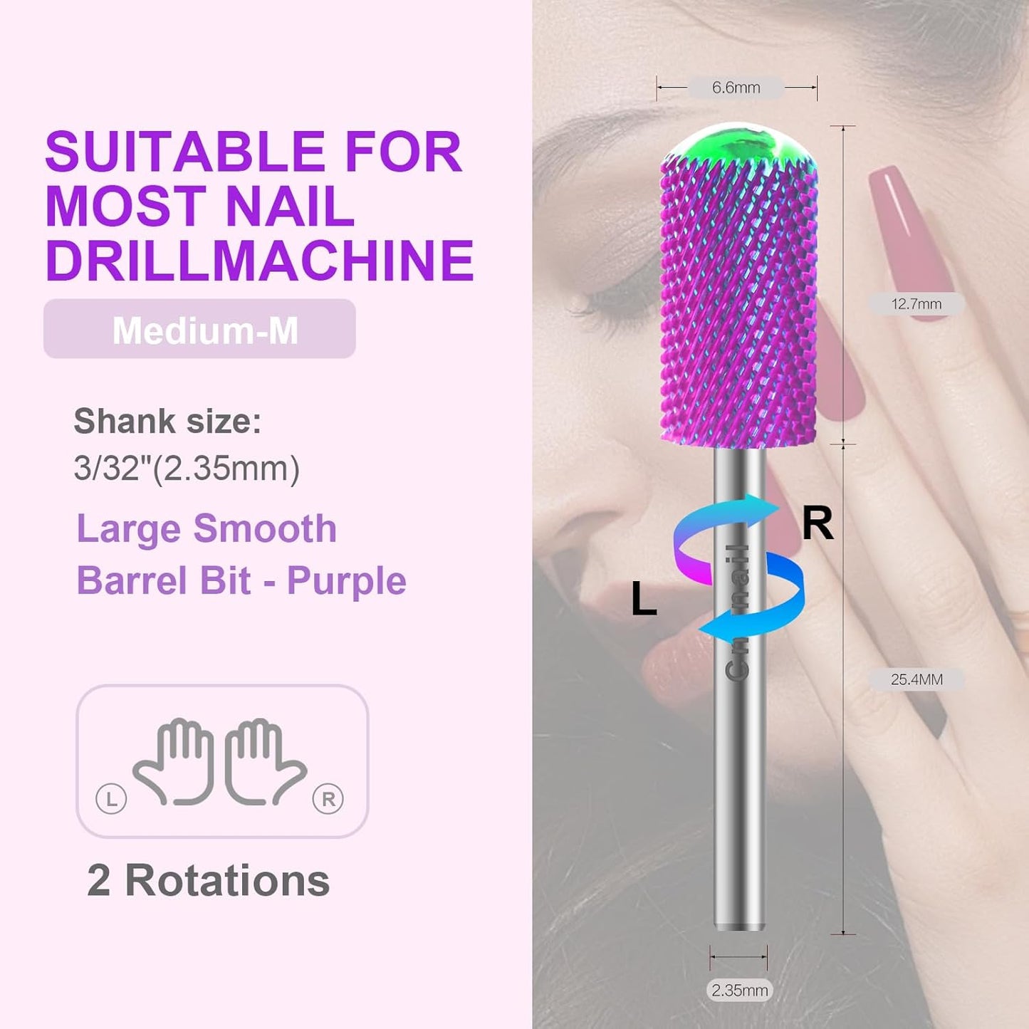 3/32" 2PCS Large Barrel Smooth Round Top Tungsten Carbide Nail Drill Bit Safety Bit for Gel & Acrylic Removal, 2-Way Rotating Efile Tip, Salon Electric File Accessory (M Grit, Purple)