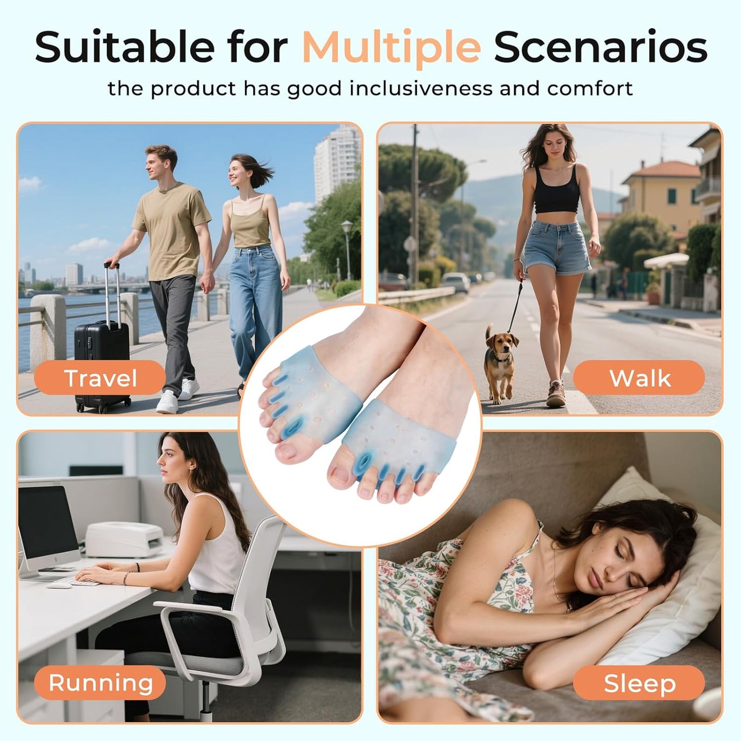 Silicone Toe Separators for Women & Men, 4 Packs Toe Separators Bunion Corrector Cushion, Breathable Soft and Comfortable Gel Foot Cushions, Multiple Colors (4 Pairs)