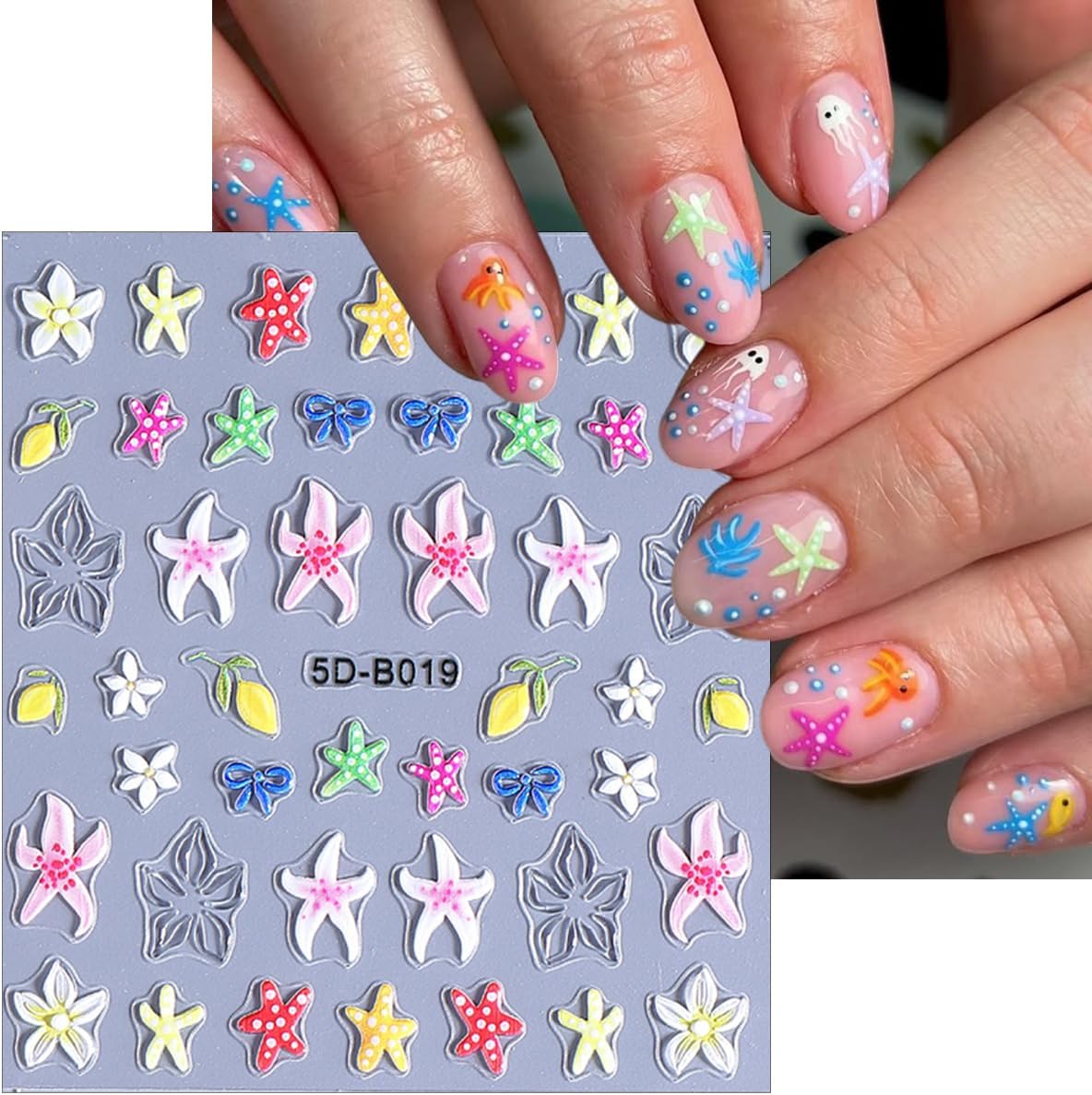 2 Sheets Colorful Starfish Nail Stickers, Flower Nail Decals, 5D Embossed Self-Adhesive Nail Art Stickers for Women DIY Summer Flowers, Shells, Bows, Starfish Manicure Decoration Supplies