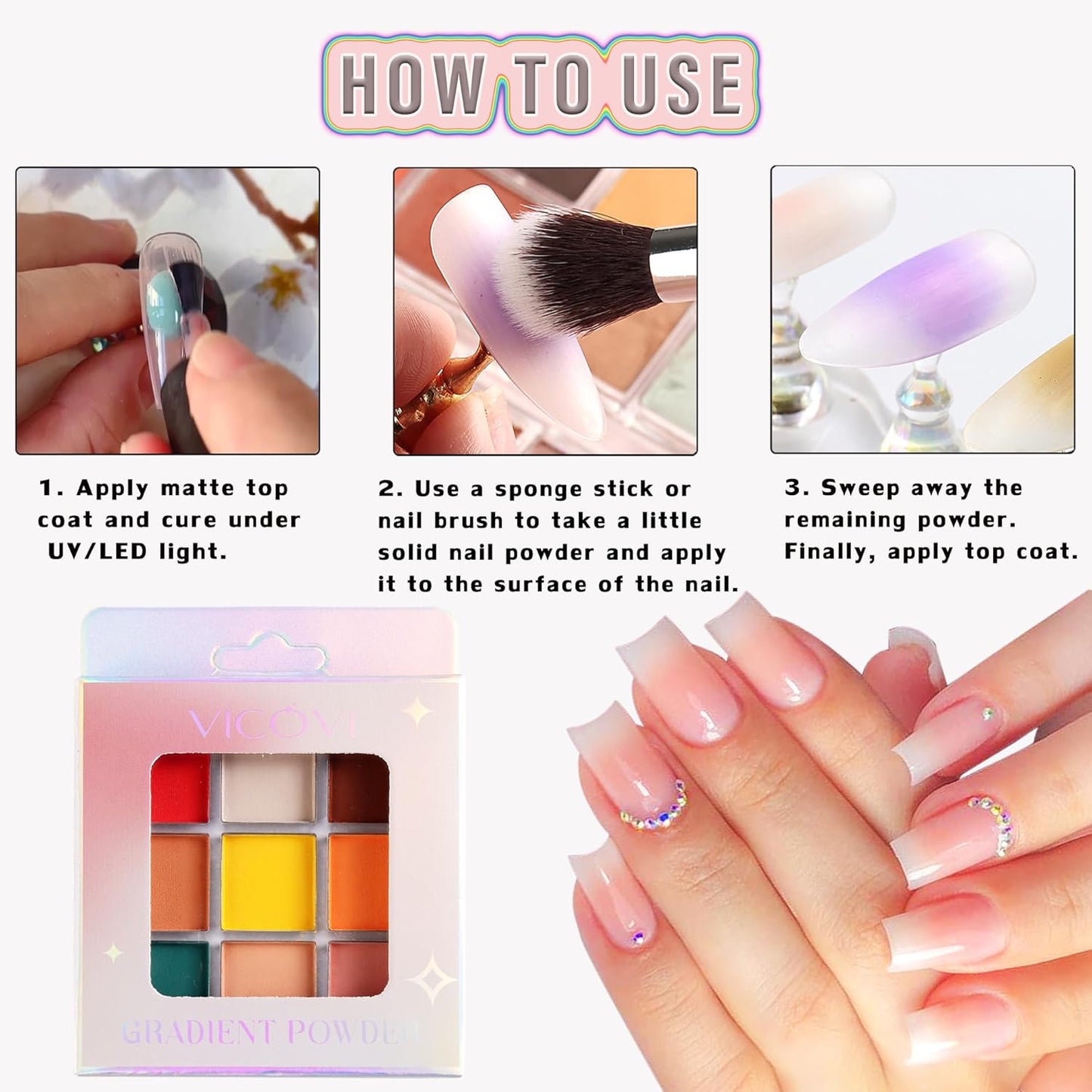 Nail Pigment Powder - 9 Colors Ombre & Gradient Nail Art Design Kit - Includes 5 Sponge Sticks & 1 Brush - Neon Powder for DIY Manicure Beginners