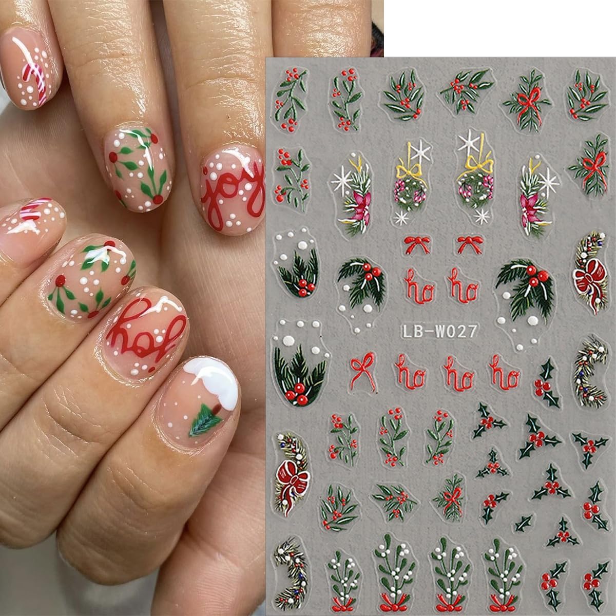4 Sheets Christmas Nail Stickers 5D Embossed Holly Leaf Nail Decals Christmas Tree Pine Leaves Snowflake Design Self Adhesive Nail Supplies Winter Xmas Nail Art Stickers for Women DIY Nail Decoration
