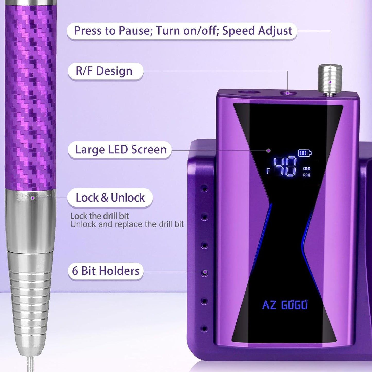 Professional Brushless Nail Drill, AZ GOGO 85W Cordless Electric Nail File 40000RPM Rechargeable Portable Nail Drill Machine for Gel Acrylic Nails, High Torque Quieter for Salon Nails Art (Purple)