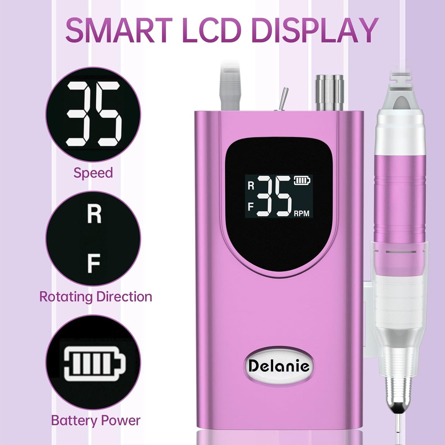 Delanie Professional Portable Electric Nail Drill Machine, 35000 RPM Rechargeable Cordless Nail Filer Electric Nail File for Dip Powder Acrylic Gel Nail, Salon Nail Tool, Violet