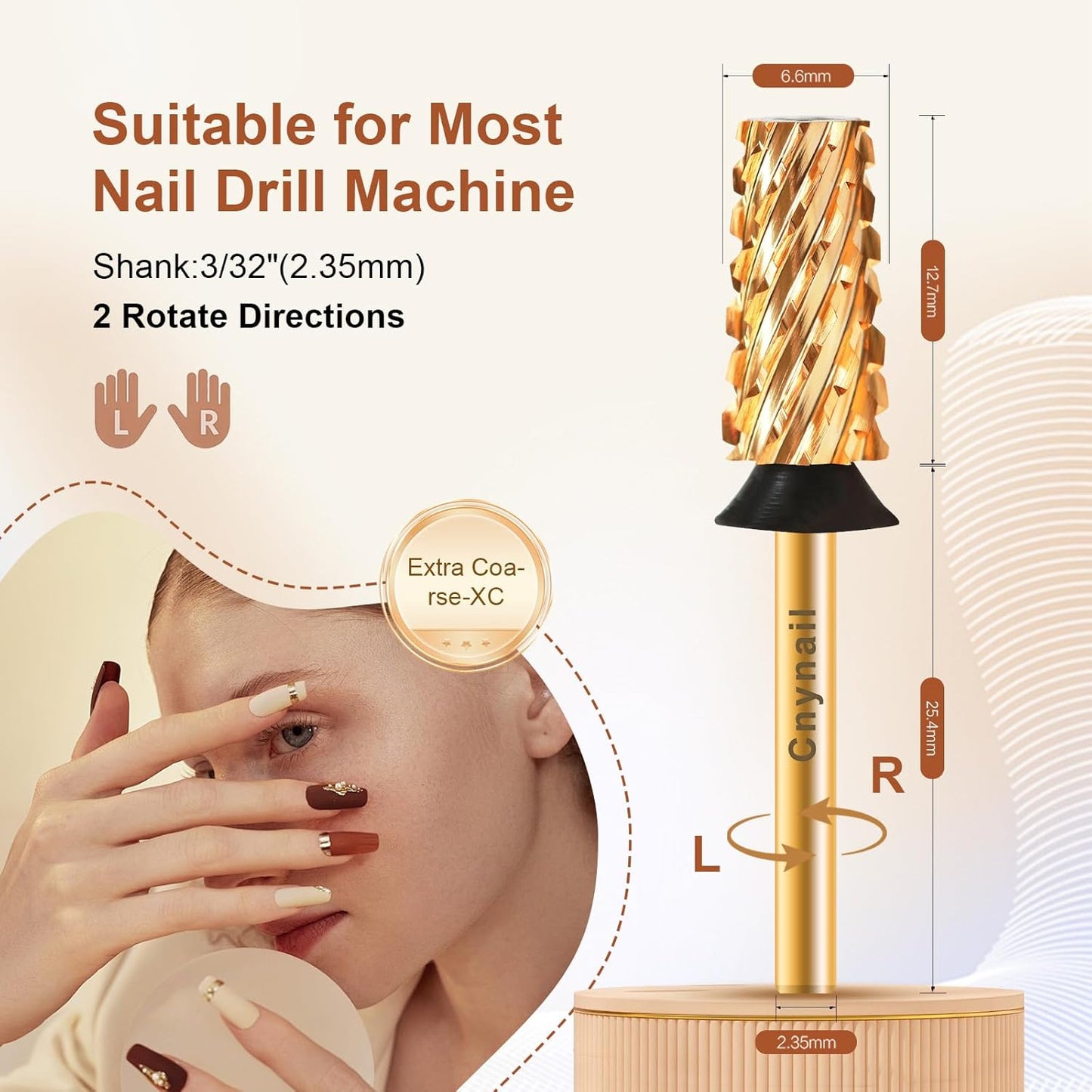 3/32" Large Tapered Barrel Flat Bit Tungsten Carbide Nail Drill Bit Safety Bit for Gel & Acrylic Removal, 2- Way Rotating Efile Tip, Salon Electric File Accessory (XC Girt, Gold)