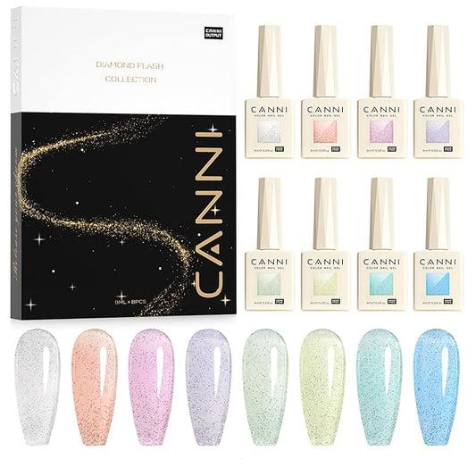 CANNI 8 Pcs 9 ML Glitter Gel Nail Polish Set, Shimmer Sparkly Pink Yellow White Purple Blue Green Colors Gel Polish Kit Soak Off Led Nail Art Gel Manicure Salon DIY Gifts