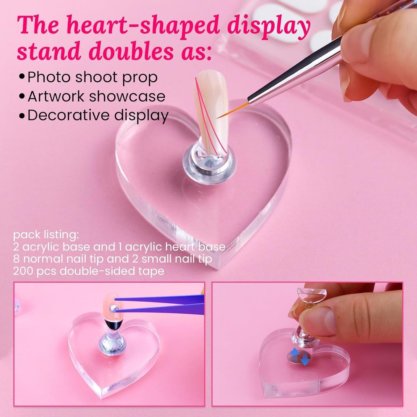 Wooden Stand for Nails Art Display Practice 2 Set, 1 Heart Shaped Acrylic Magnetic Nail Stand, Fake Nail Holder with 200 Pieces Double-sided Tape, For Home DIY Salon Supplies (Walnut, Large)