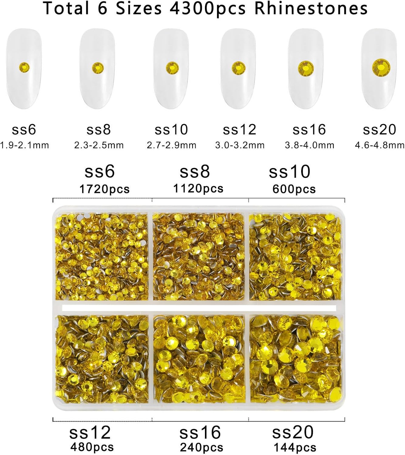 Beadsland 4300pcs Flatback Yellow Nail Gems Round Crystal Rhinestones for Crafts, Mixed 6 Sizes with Picking Tweezers and Wax Pencil Kit, SS6-SS20, Citrine/Lemon Yellow