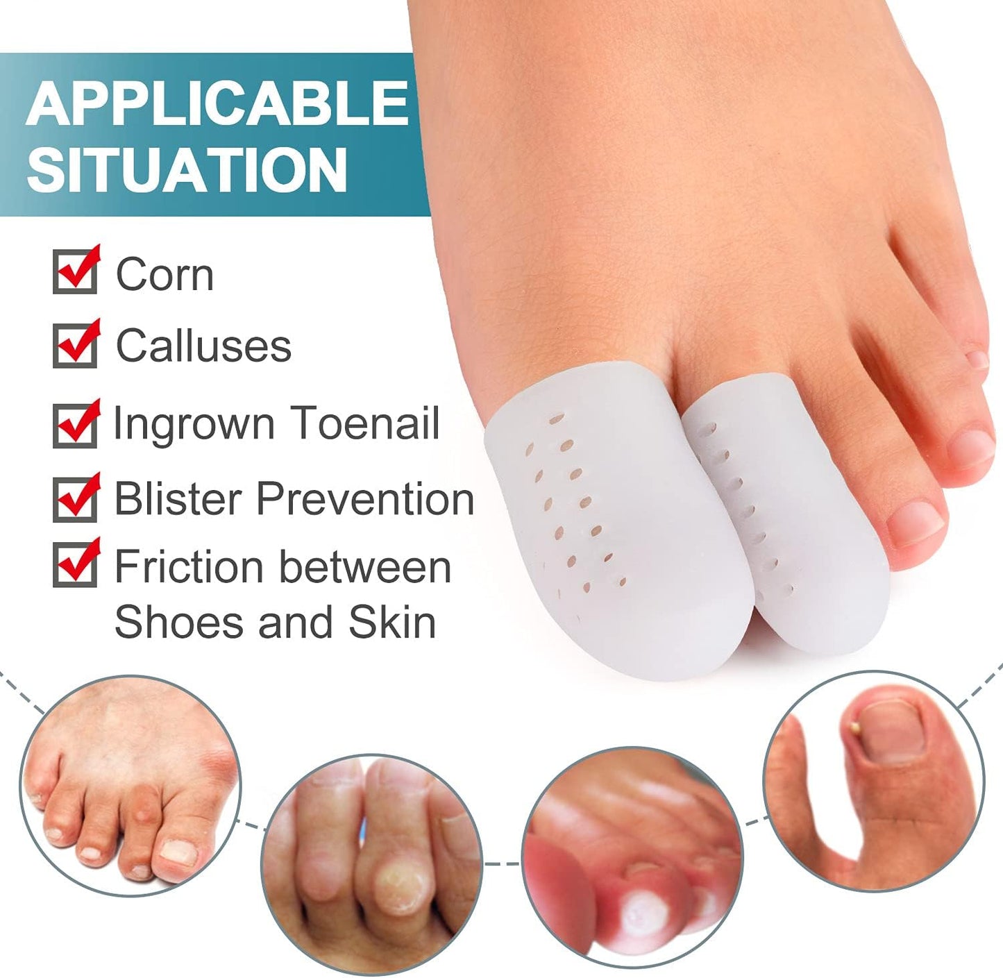Welnove Pack of 16 Toe Protectors, Gel Toe Caps, Breathable Toe Sleeves, Pain Relief and Prevention for Corns, Blisters and Ingrown Toenails (10 Large for Big Toes + 6 Medium for Small Toes) - White