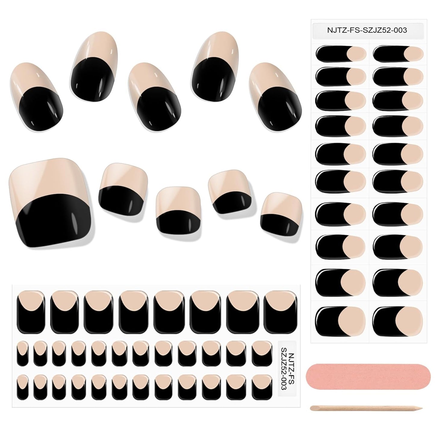 EBANKU 52Pcs Semi-Cured Gel Nail Strips Toes, Black Deep French Gel Nail Strips for Toes, Long-Lasting French Manicure Stickers Salon Nails at Home Requires UV Light with Nail File&Stick