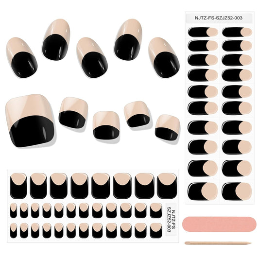 EBANKU 52Pcs Semi-Cured Gel Nail Strips Toes, Black Deep French Gel Nail Strips for Toes, Long-Lasting French Manicure Stickers Salon Nails at Home Requires UV Light with Nail File&Stick