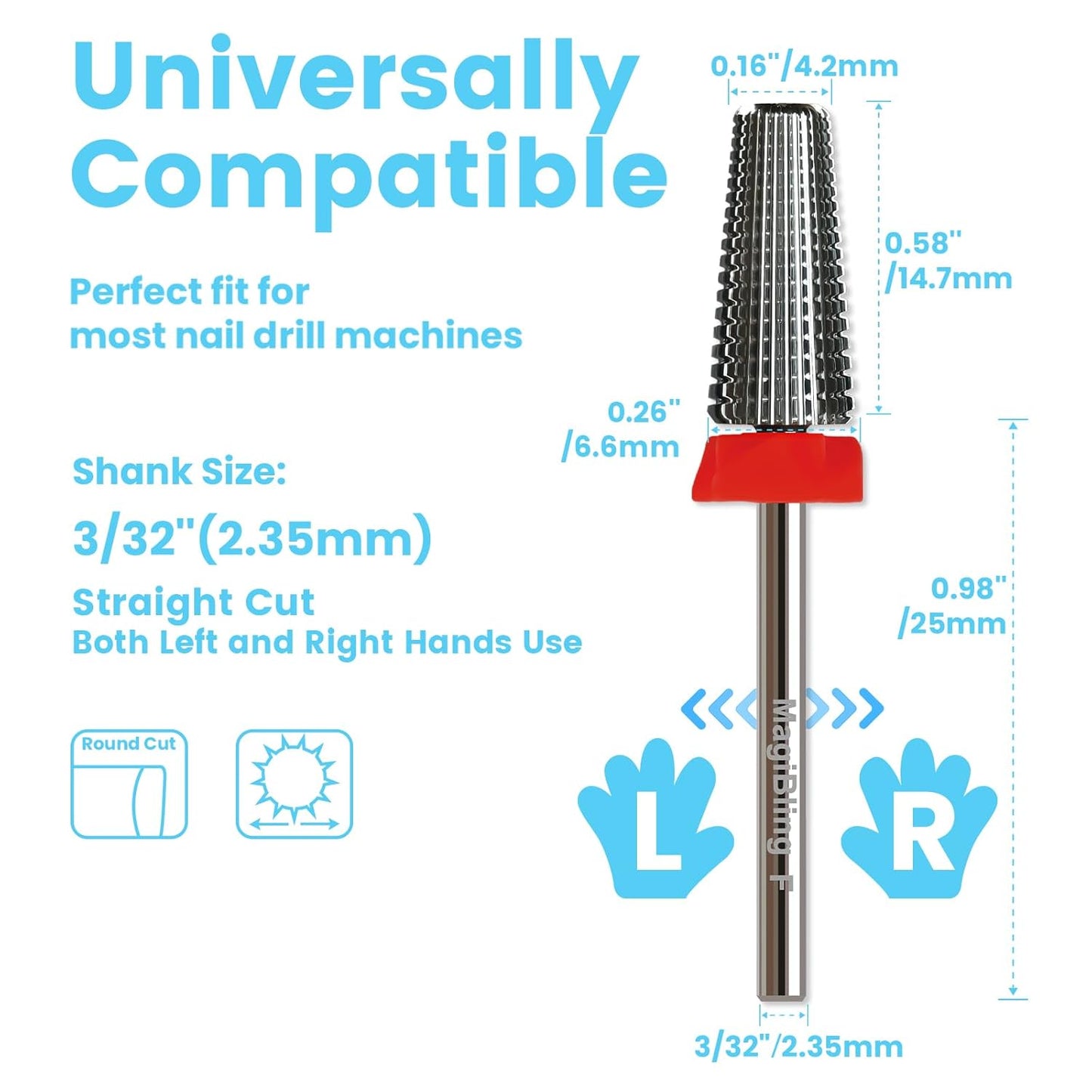5 in 1 Nail Drill Bits, Straight Cut 3/32'' Professional Tungsten Carbide Bits, Two-way Rotation Easy for Left Hand, Hard Soft Gel Removal Fast Manicure Polishing, Fine