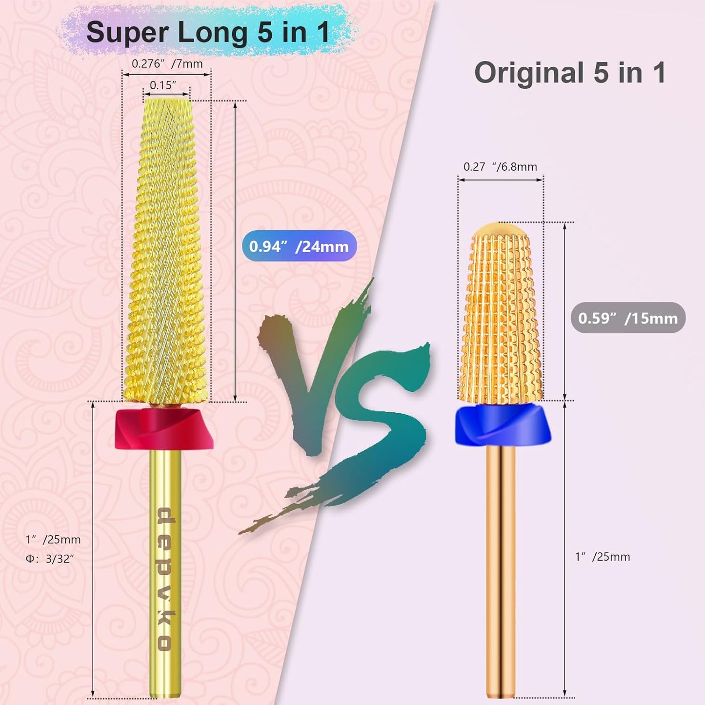 Depvko Super Long 5 in 1 Nail Drill Bits, 3/32'' Carbide Tungsten Bits, Two Way Rotate Professional Advanced Safety Bits for Nail, Fast Remove for Manicure Pedicure (Long 5in1-Gold, Fine-F)