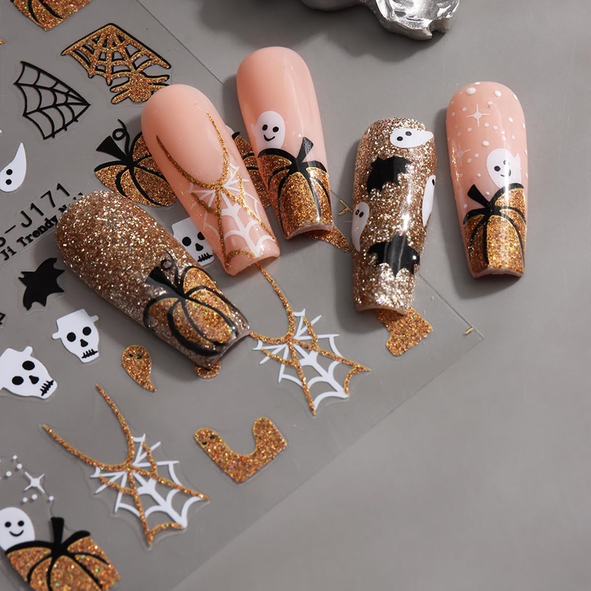 Halloween Nail Art Stickers Decals Glitter Pumpkin Ghost Nail Stickers 6PCS 3D Self-Adhesive Spider Web Spider Knife Ghost Design Halloween Stickers Manicure Supply for Women Holiday DIY Nail Salon
