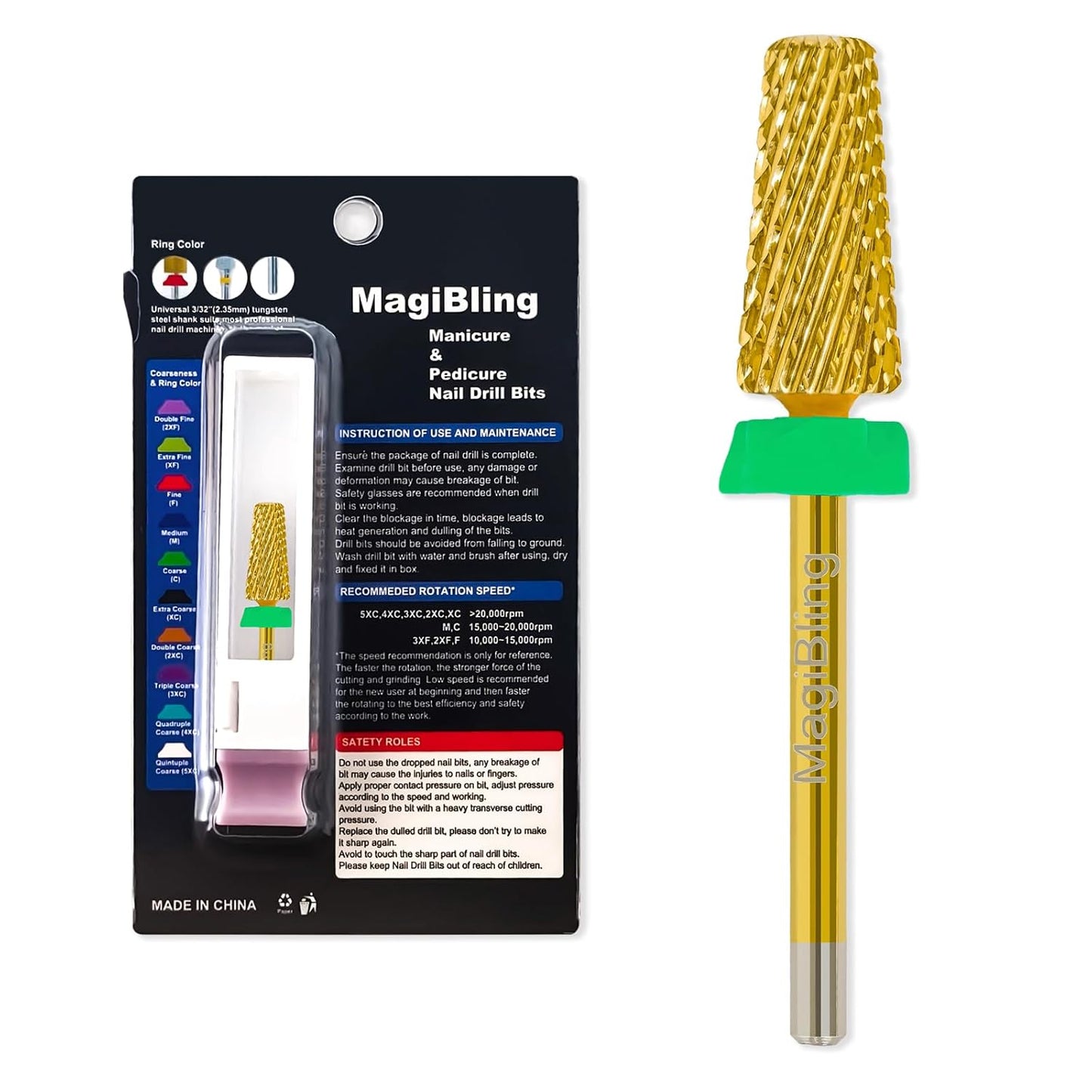 Nail Drill Bits 5 in 1 Tapered Barrel, 3/32'' Safety Tungsten Carbide Bits, Two-way Rotation, Suitable for Manicure Pedicure Cuticle Gel Polishing, Technicians Bits, Grit: Coarse.
