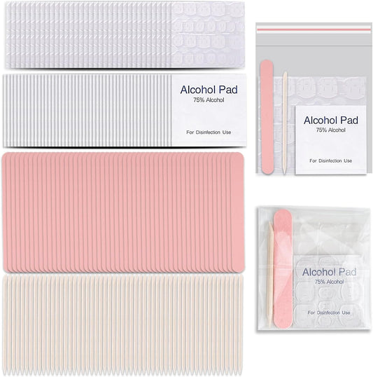 50 Set Disposable Press on Nail Tool Kit, Including 50pcs Nail File, 50pcs Adhesive Nail Tabs, 50pcs Prep Pad, 50pcs Wood Stick, 50pcs OPP Bag, Manicure Nail Prep Kit for Salon Home (50pcs-B-Pink)
