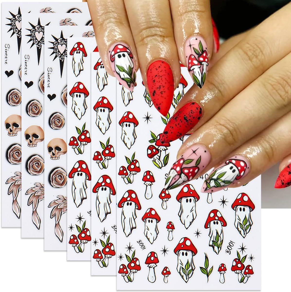 Halloween Nail Art Stickers Decals 3D Skull Mushroom Ghost Halloween Nail Stickers 6PCS Rose Flowers Love Heart Leaf Design3D Self-Adhesive Nail Decals Manicure Supply for Holiday Nail Art Decorations