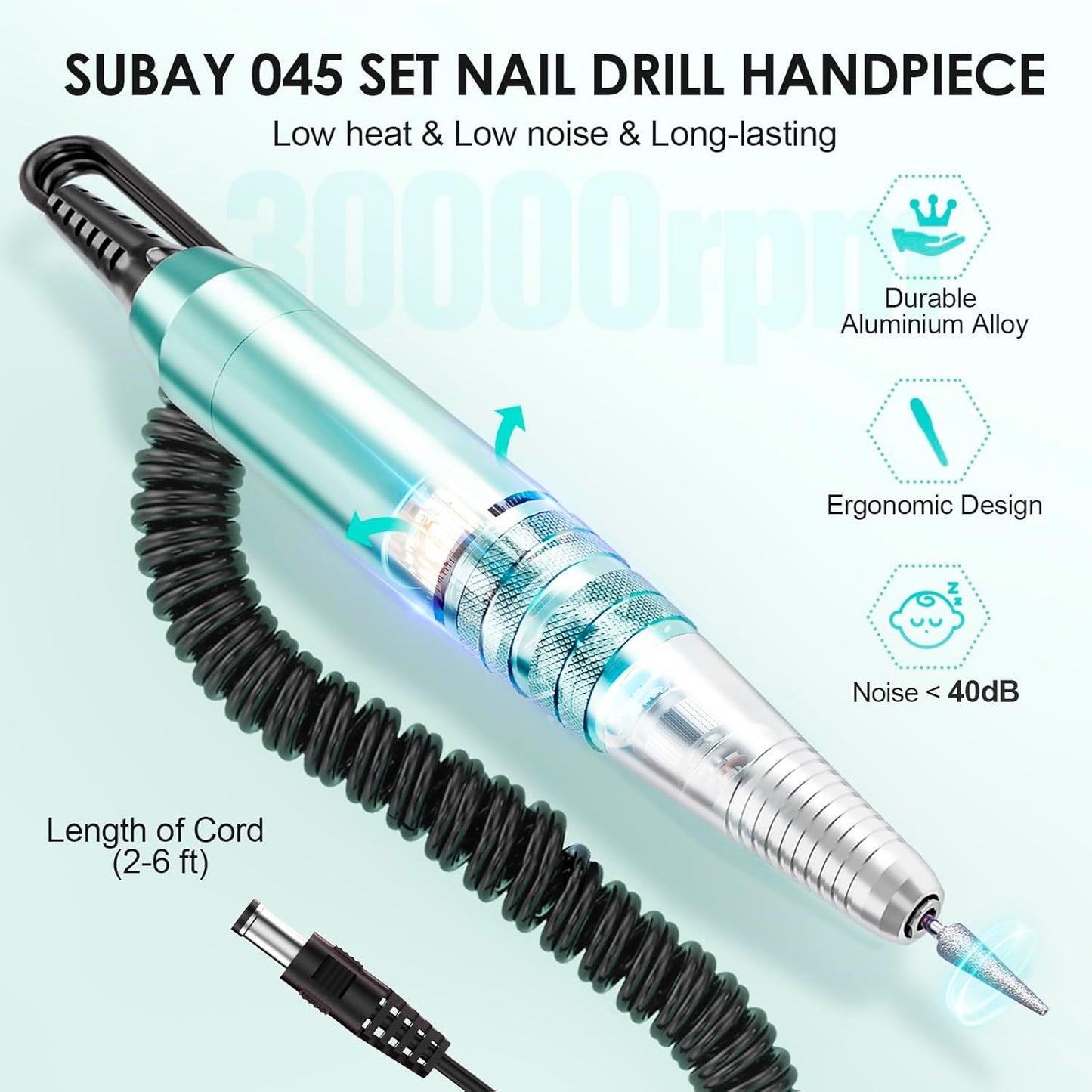 Subay 30000RPM Professional Nail Drill Machine for Acrylic Nails, Gel Nail, Nail Art Polisher Sets with 6 Bits Easy Build-in Bit Holder Twist Lock Changing Bit