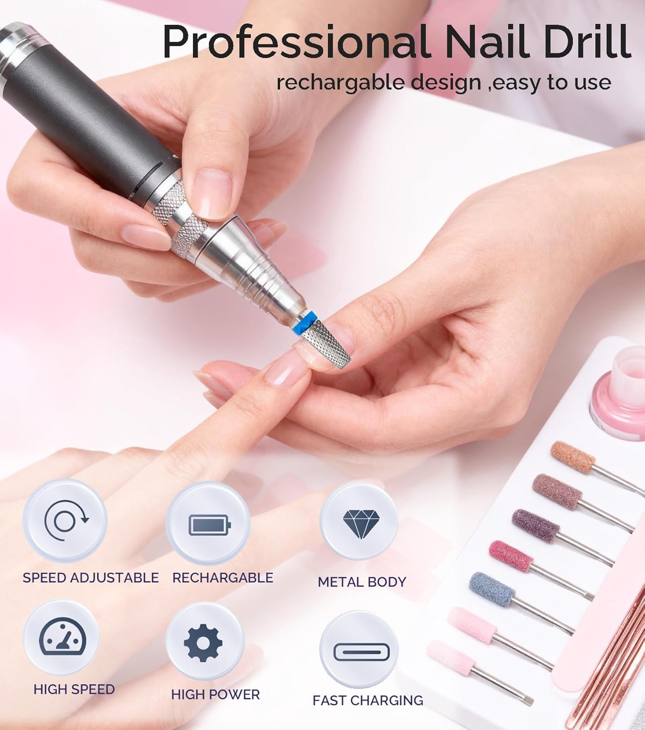 Professional Electric Nail Drill , LUMCRISSY 40000 PRM Electric Nails File Machine for Acrylics, Rechargeable Nail File Nail Grinder Drill Bit Manicure Pedicure for Salon and Home Use