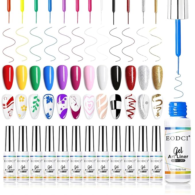 Nail Art Gel Liner Set, 12 Colors Black Red Pink Yellow Green Glitter Fall Winter Gel Polish for Swirl French Tip Painting Designs Soak Off Built Thin Brush DIY Nail Design Kit