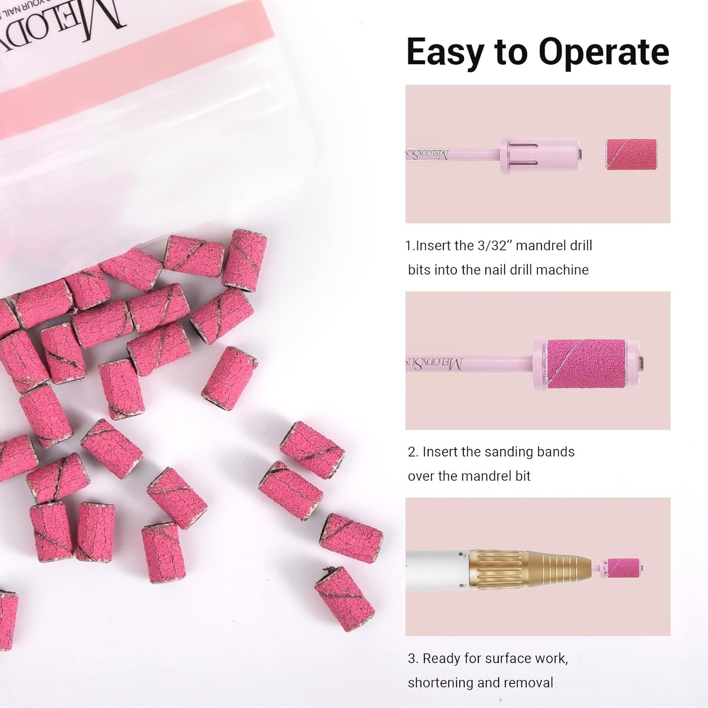 MelodySusie Crystal Top Mandrel Bit for Nails, 3/32'' Easy Off Nail Drill Bits for Sanding Bands, Suitable for Acrylic Nails Gel Manicures and Pedicures, Rose PinK