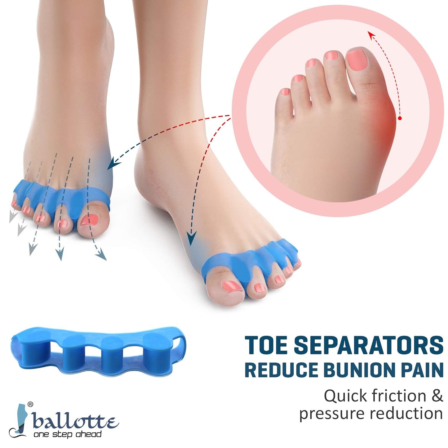 Ballotte Toe Separators, Silicone Toe Spacers for Bunions and Overlapping Hammer Toes, Athletic Tootsie Spacers for Running and Yoga, Foot Finger Splitters for Men & Women (Toe Seperators (Blue 6-Pack))