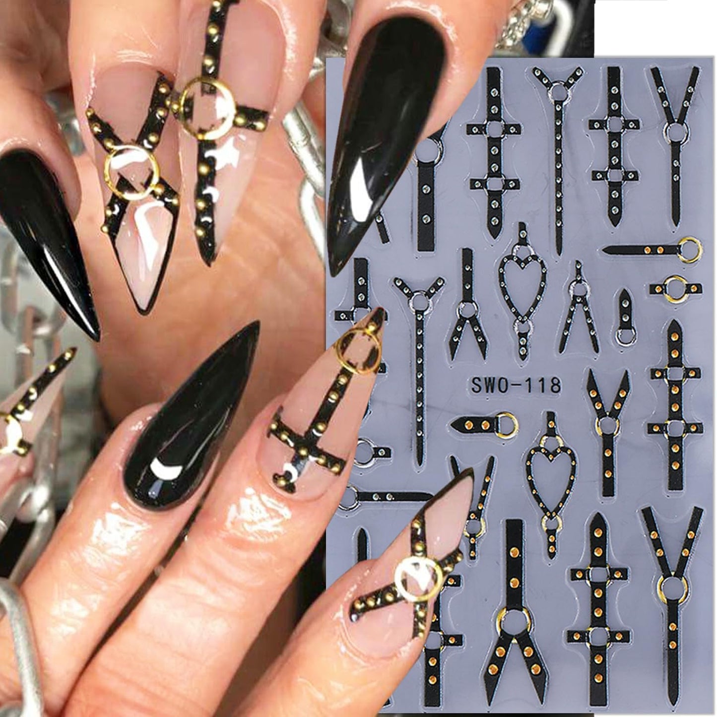 2 Sheets Gothic Nail Stickers for Nail Art Black Punk Belt Nail Design Decals Embossed Gold Silver Rivet Belt Nail Art Stickers 5D Self-Adhesive Halloween Nail Decals for Women DIY Manicure Supplies