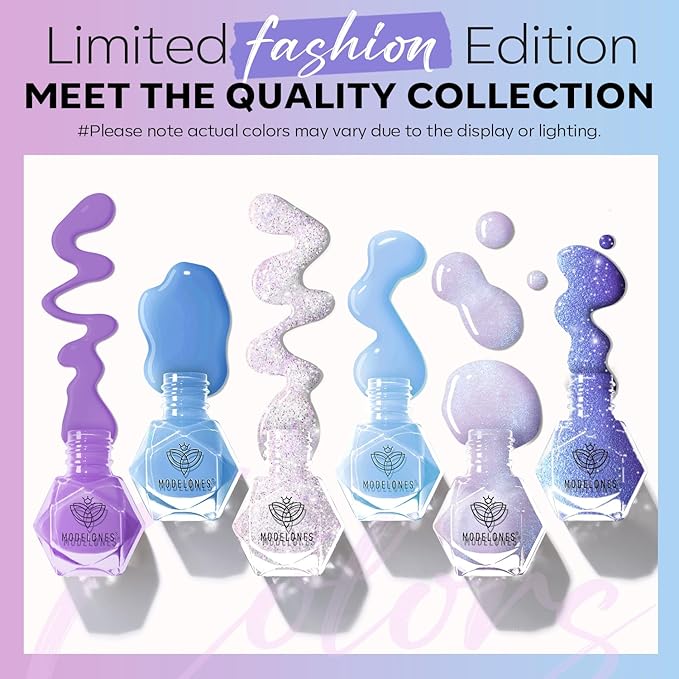 modelones Nail Polish Set, 6 Colors 2025 Baby Blue Purple Nail Polish Set Shimmer Glitter Sliver Fast Drying Mini Nail Lacquer Kit Finger Manicure DIY Nail Art Home Salon Gift for Women Girl