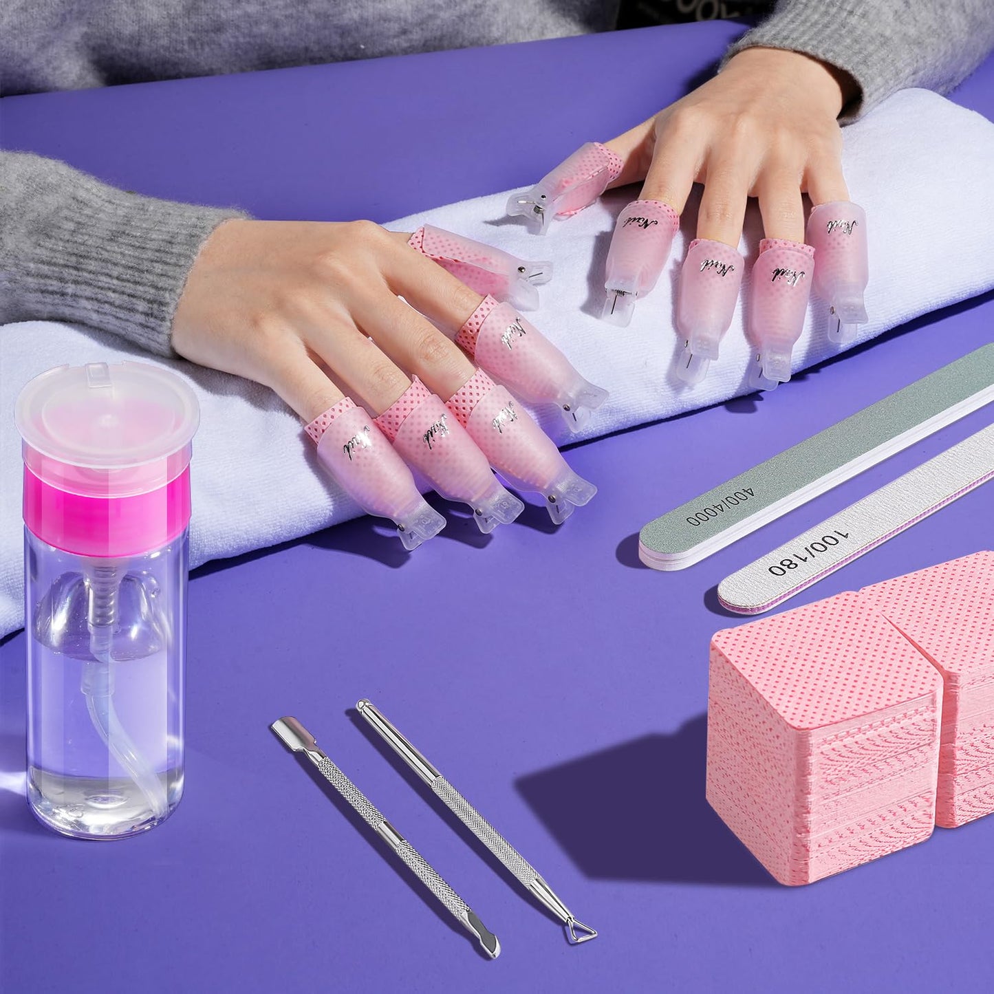 TsMADDTs Gel Nail Polish Remover Kit with Lint Free Wipes, Nail Soak Off Clips, 100ml Nail Polish Remover Bottle, Cuticle Pusher/Peeler, File, Buffer Block
