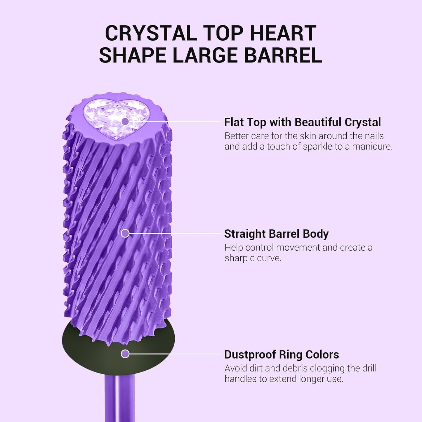 MelodySusie Large Barrel 3/32'' Tungsten Carbide Nail Drill Bit, Crystal Top Purple Heart Shape, Fast Remove Acrylic Gel, Cuticle Gel Polishing for Manicure Pedicure, Purple, Series Bit-S, XC