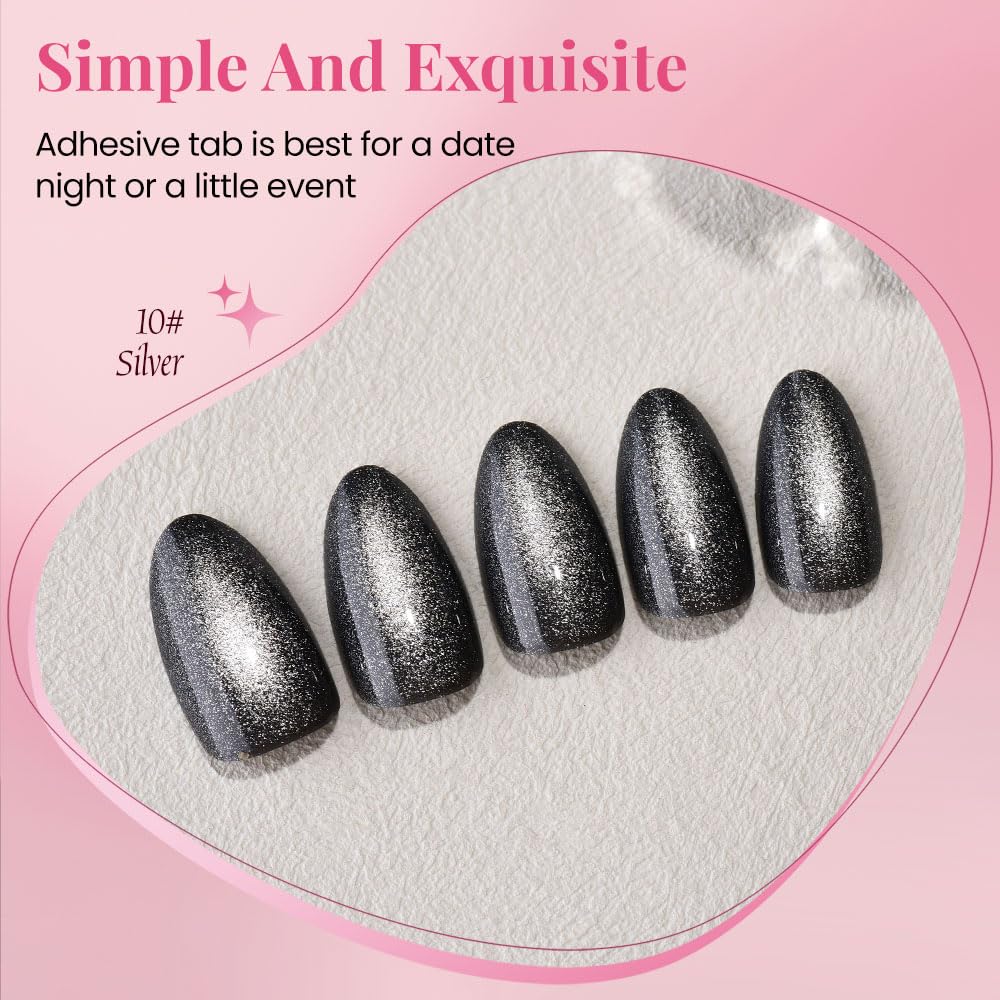 evpct Cat Eye Silver Press on Nails Almond Short, Silver Metal Short Almond Soft Gel Press on Nails with Nail Glue, Fit Perfectly, 30Pcs Reusable Acrylic Fake Press-on Nail Polish Kit for Women Gift