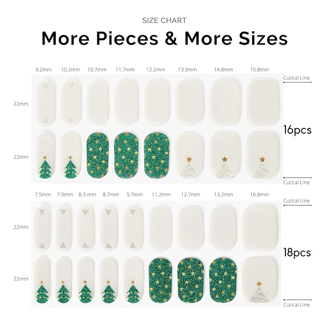Nailog Semi Cured Gel Nail Strips 34 pcs| Long Lasting Nail Polish Sticker Wraps with Glossy Gel Finish, Twinkling Trees