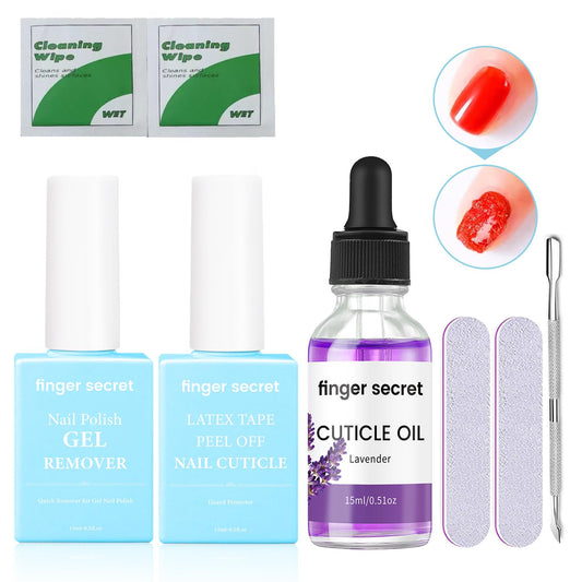Nail Polish Gel Remover Kit- Professional Manicure Essential. Includes Latex Tape, Nail Cuticle Oil (Lavender), Nail Remover. 15ml/0.5floz.Ideal For Home Use and Salon.