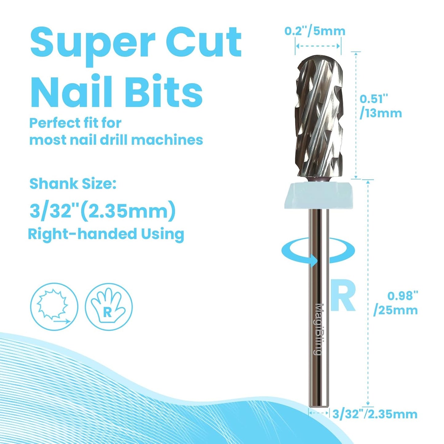 Super Cut Small Barrel 3/32'' Safety Tungsten Nail Drill Bits, Remove Gel Fast, Right handed, Manicure Cuticle Gel Polishing, Aggressive Bits for Professional Technician, Quadruple Coarse.