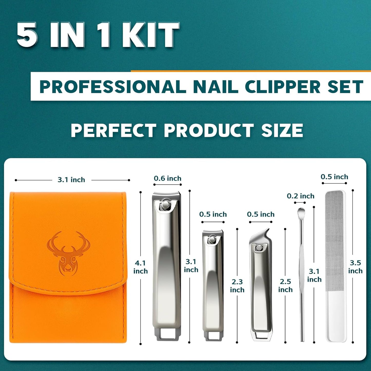 Nail Clippers Set – 5-in-1 Stainless Steel Manicure Set and Nail Care Kit with Fingernail & Toenail Clippers, Portable Manicure Kit for Women, Travel Grooming Kit with Storage Bag for Men & Women