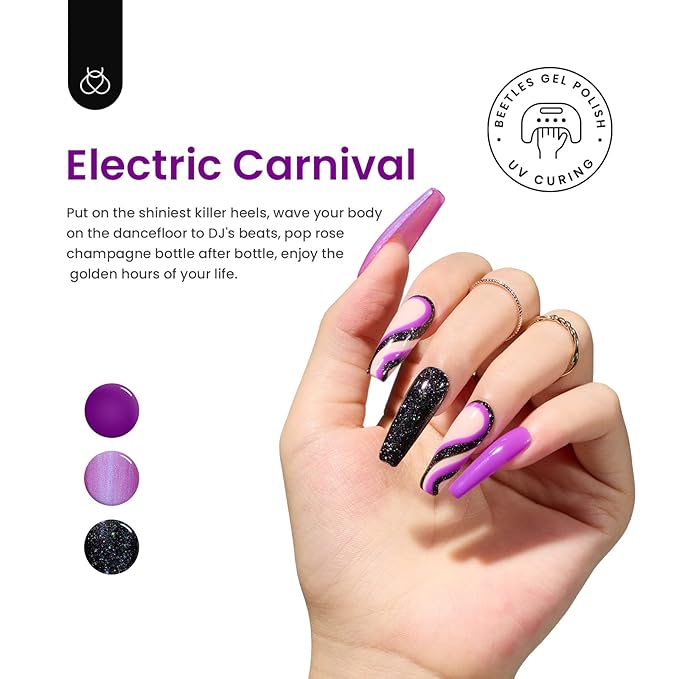Beetles Purple Gel Nail Polish Set, 6 Colors Hot Pink Gel Nail Polish Kit Glitter Pink Purple Black Shimmer Soak Off Uv Dreamy Swirl Thread Effect DIY Manicure Gift for Women