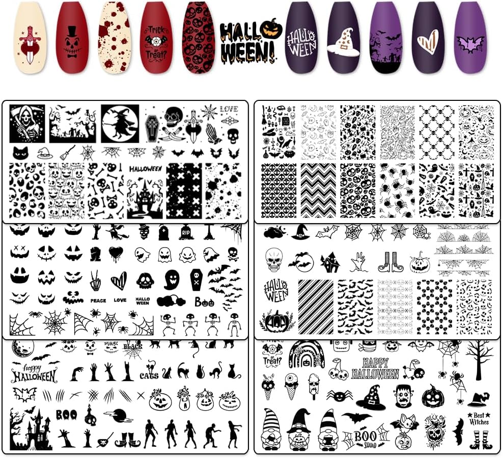 Hying 6pcs Halloween Nail Art Stamping Plates for Women Nail Art, Stainless Steel Jack-o'-Lantern Skull Nail Plates Template Set for DIY Halloween Decoration Spooky Spiderweb Stamp Templates Kit