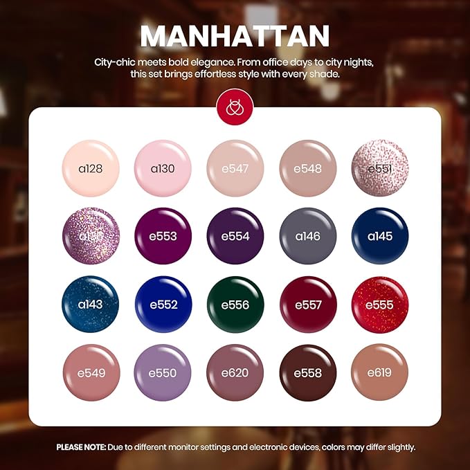 Beetles Gel Nail Polish Set Manhattan Collection 20 Colors Burgundy Red Brown Gold Champagne Glitter Fall Gel Polish Soak Off UV Glossy & Matte Top Base Coat Manhattan Collection Gifts for Women