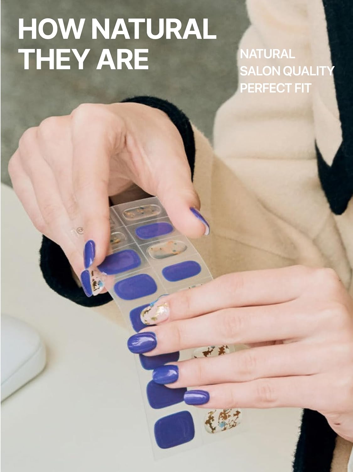 UUUUUU Semi Cured Gel Nail Strips | Salon-Quality | UV Free Gel Nail Wraps for Women | Easy Peel&Stick | Long-Lasting up to 14 Days | 28 Strips Set+File & Wipes | Gift-Ready (Blue Ore)