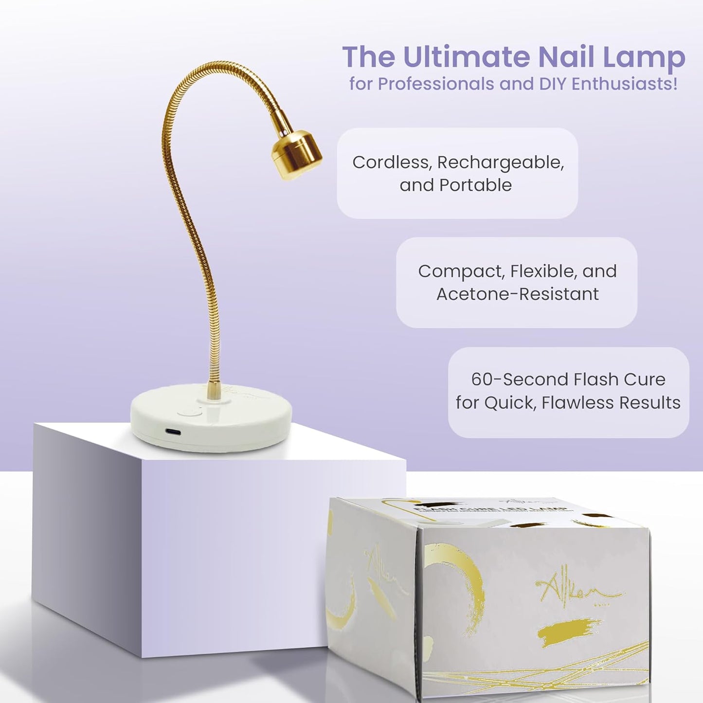 ALLKEM Flash Cure UV Light - Gooseneck Led Nail Lamp for Gel Polish - Professional & Home Use Nail Light & Dryer - Wireless, Cordless & Rechargeable Curing Lamp (3W - Gold)
