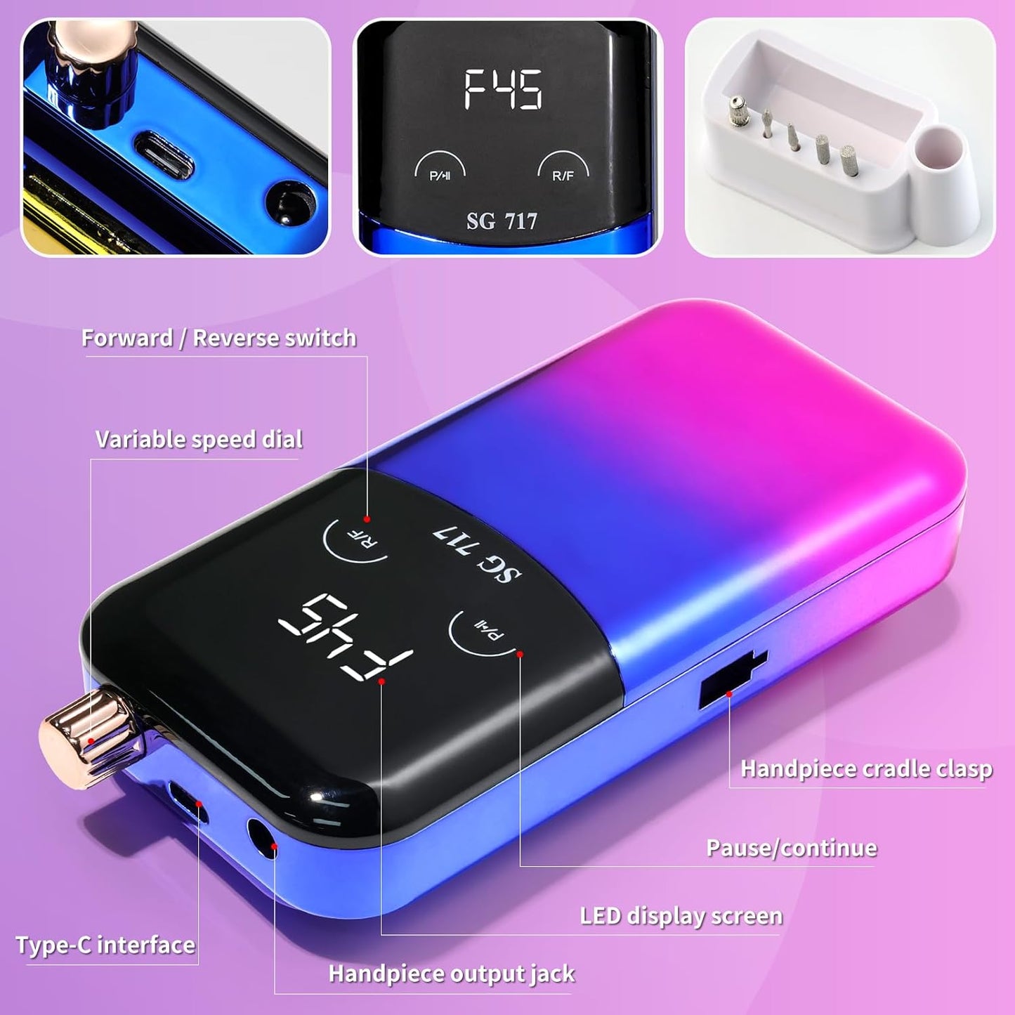 LIMEGIRL Professional Electric Nail File Drill Bits Kit 45000RPM for Acrylic Toenail Machine Clippers with 14 Drill Bit Gradient Blue Portable Rechargeable Cordless
