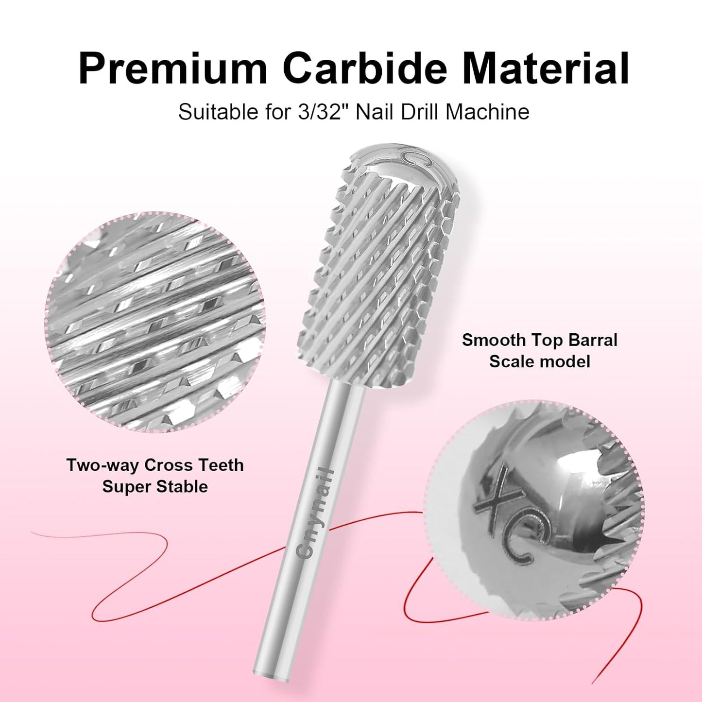 3/32" Large Barrel Smooth Round Top Tungsten Carbide Nail Drill Bit Safety Bit for Gel & Acrylic Removal, 2-Way Rotating Efile Tip, Salon Electric File Accessory (XC Grit, Silver)