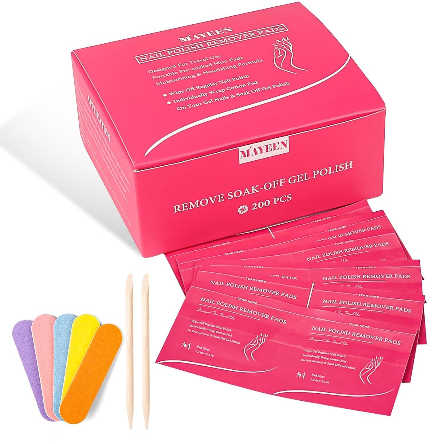 MAYEEN Nail Polish Remover Pads 200 Pack Quickly Remove Nail Polish Wipes Individually Wrapped Acetone Gel Nail Polish Remover Pads For Gel & Acrylic Nails Moisturizing & Gentle Travel Pad