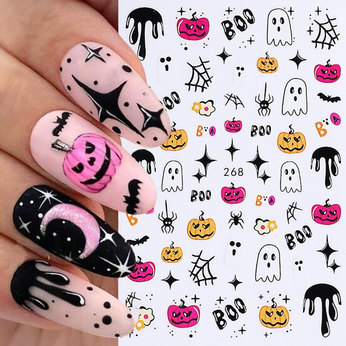 Halloween Nail Art Stickers Decals 3D Halloween Nail Stickers for Nail Art 6PCS Ghost Spiders Web Bat Pumpkin Black Cat Self-Adhesive Nail Art Design Manicure Sliders for Women DIY Nail Decorations