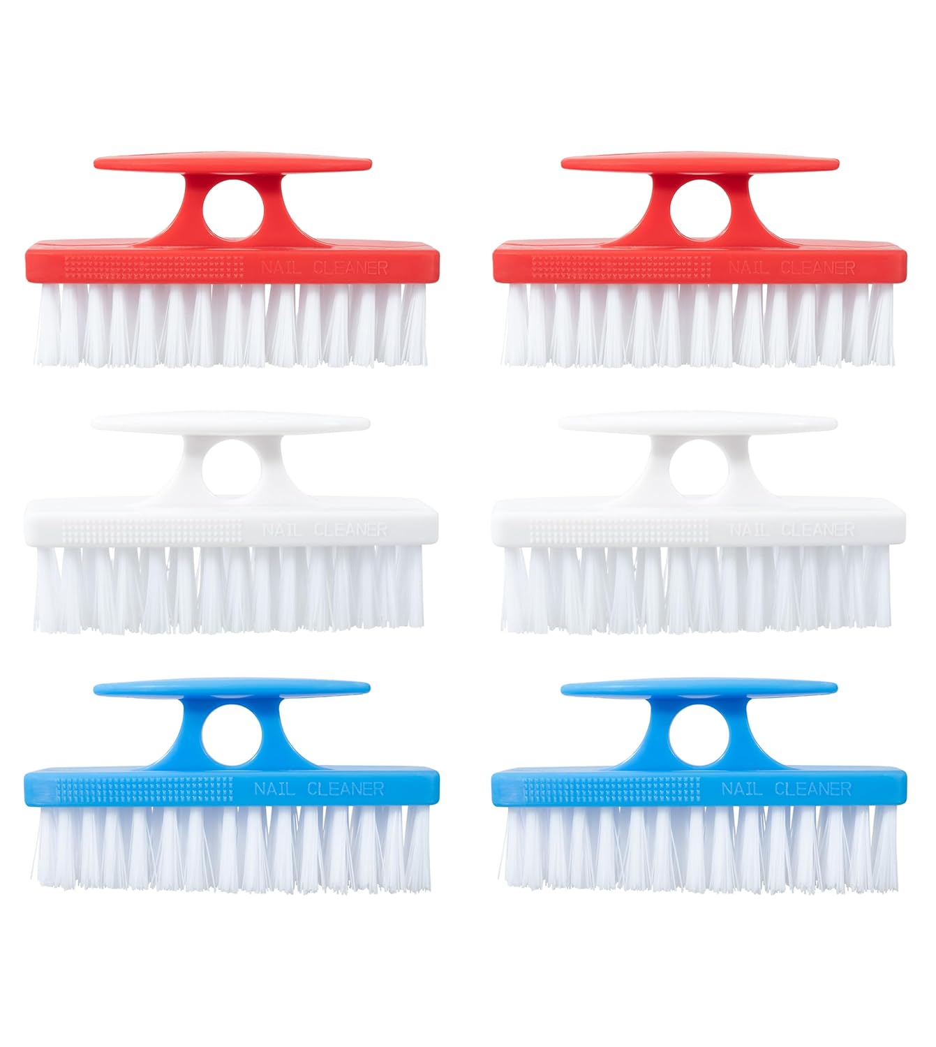 Superio Nail Brush Set (6 Pack) Cleaner with Handle, Durable Brush Scrubber to Clean Toes, Fingernails, Hand Scrubber All Surface Cleaning, Heavy Duty Scrub Brush Stiff Bristles (Red- White- Blue)
