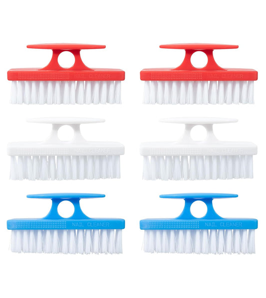 Superio Nail Brush Set (6 Pack) Cleaner with Handle, Durable Brush Scrubber to Clean Toes, Fingernails, Hand Scrubber All Surface Cleaning, Heavy Duty Scrub Brush Stiff Bristles (Red- White- Blue)