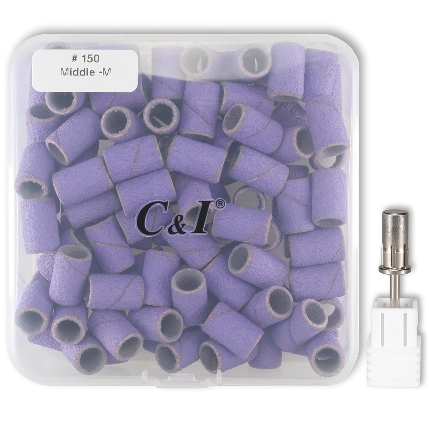 C & I Nail Sanding Bands 100 PCS Plus Upgrade Mandrel 1 PC, Nail Drill Bits for Acrylic Gel Nails Remove, Natural Nails Buffer for Nail Prep and Nail Shiner (Purple, #150 Middle)