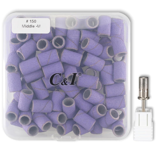 C & I Nail Sanding Bands 100 PCS Plus Upgrade Mandrel 1 PC, Nail Drill Bits for Acrylic Gel Nails Remove, Natural Nails Buffer for Nail Prep and Nail Shiner (Purple, #150 Middle)